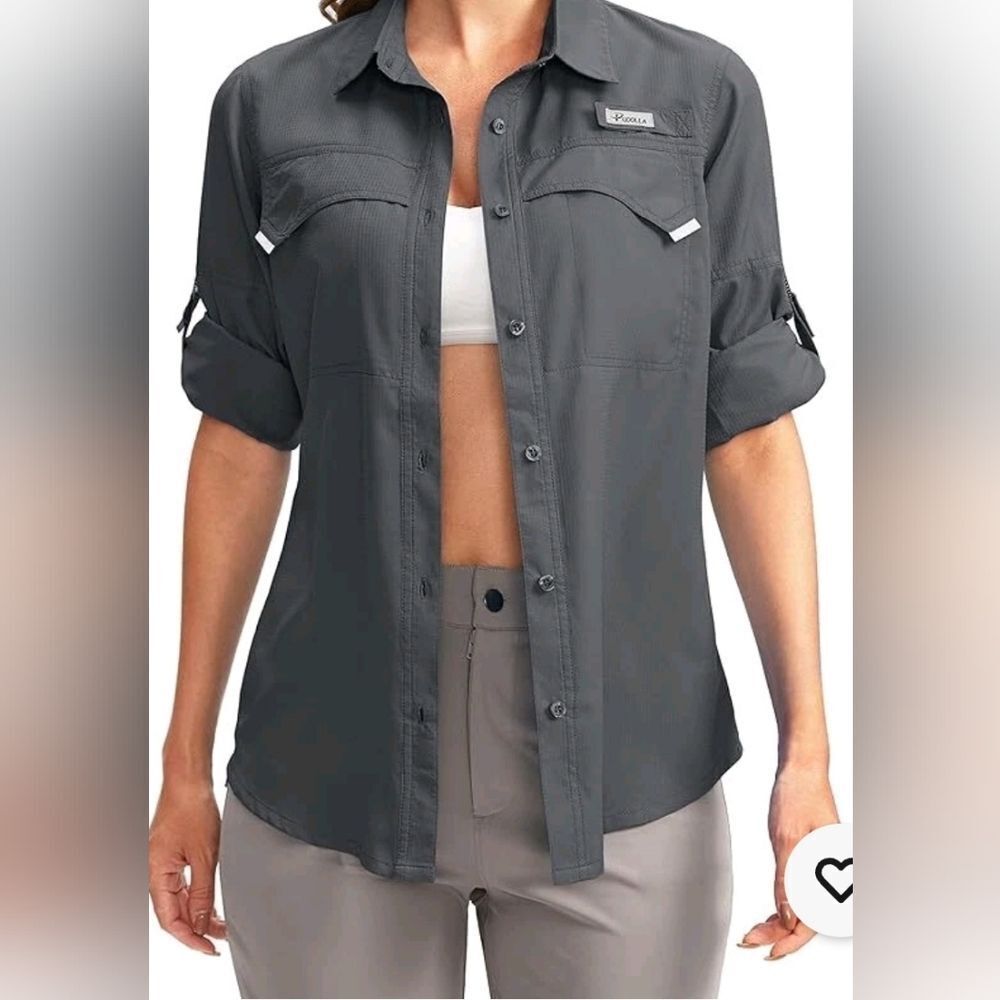 Pudolla XL Gray Lng RollupSlve Breathable Fishing Hiking Women Buttons Up Shirt